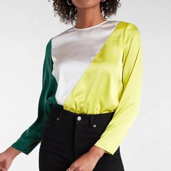 Express Colorblock Green/White Satin Strong Padded Shoulder Thong Bodysuit Large - Picture 1 of 9